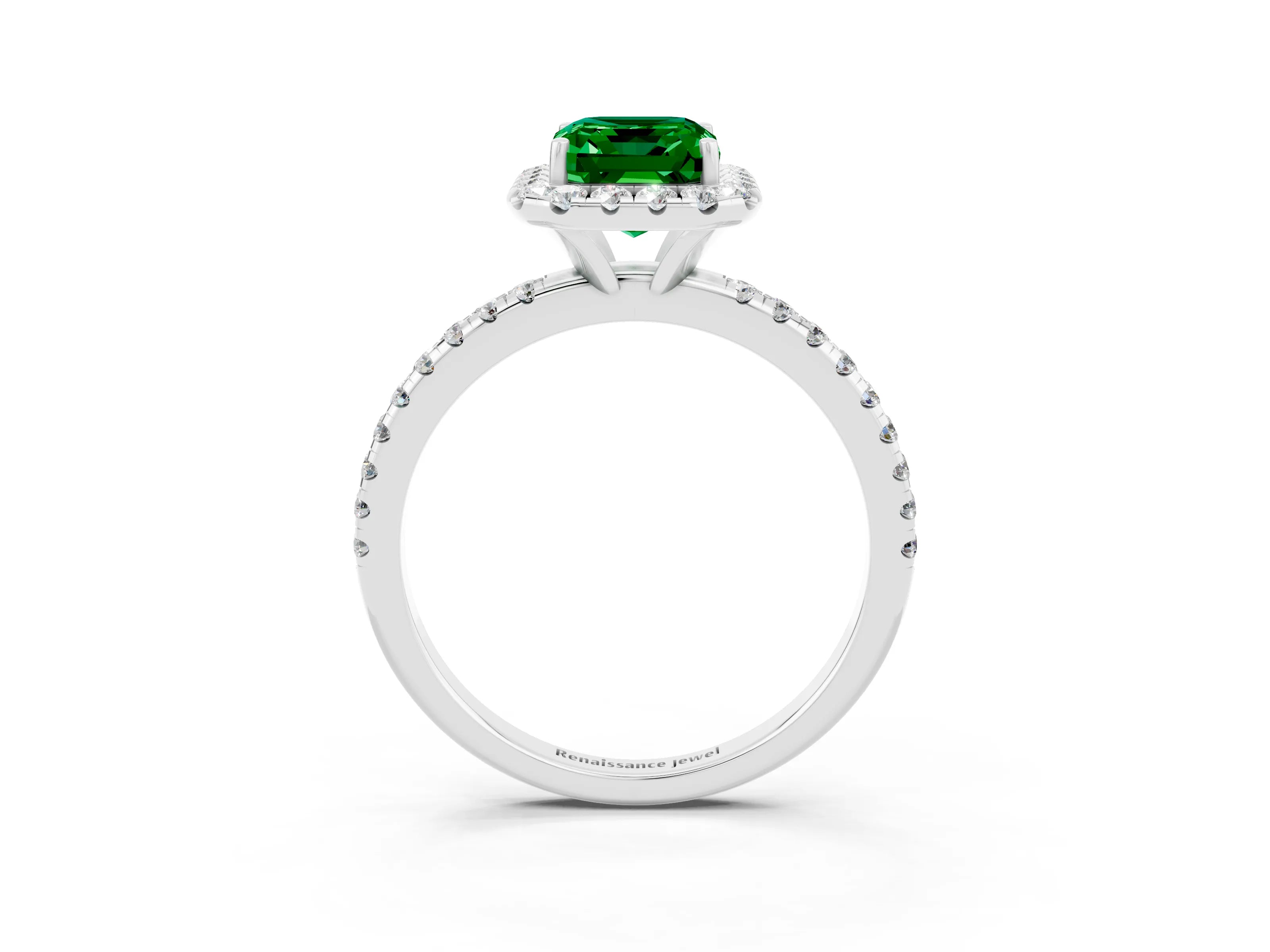 White gold Emerald Cut Cut Diamond Floral Halo Engagement Ring with Pavé Band and Prong Setting_3