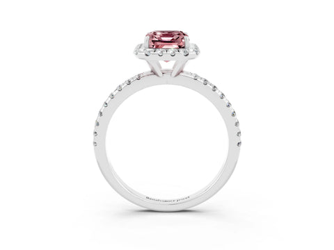 White gold Emerald Cut Cut Diamond Floral Halo Engagement Ring with Pavé Band and Prong Setting_3
