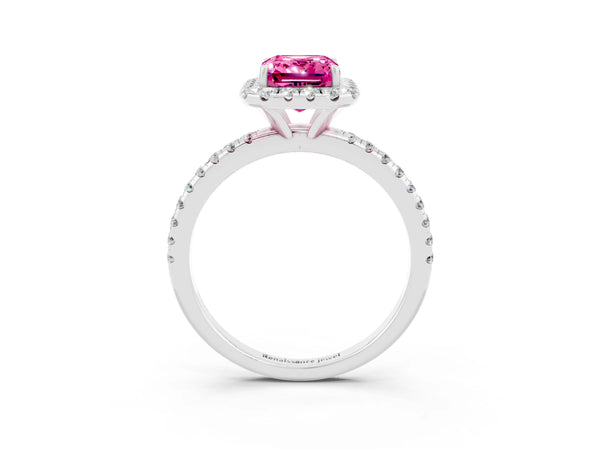 Silver Emerald Cut Pink Sapphire Halo Engagement Ring with Round Pavé Band and Prong Setting