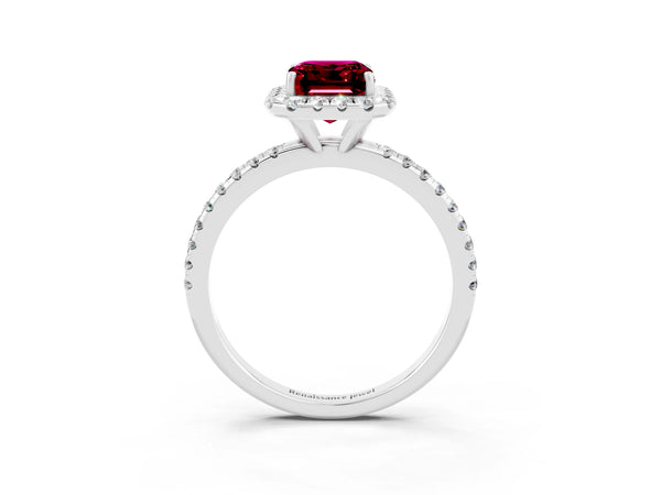 Silver Emerald Cut Garnet Halo Engagement Ring with Round Pavé Band and Prong Setting