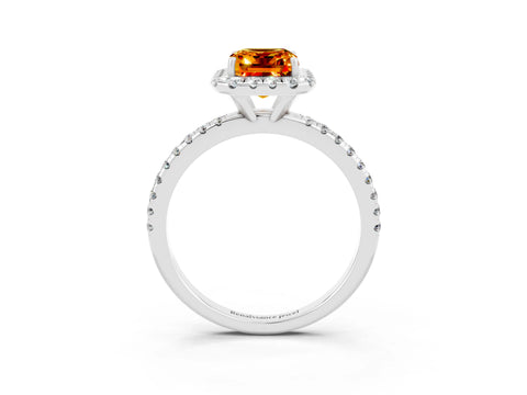 White gold Emerald Cut Cut Diamond Floral Halo Engagement Ring with Pavé Band and Prong Setting_3