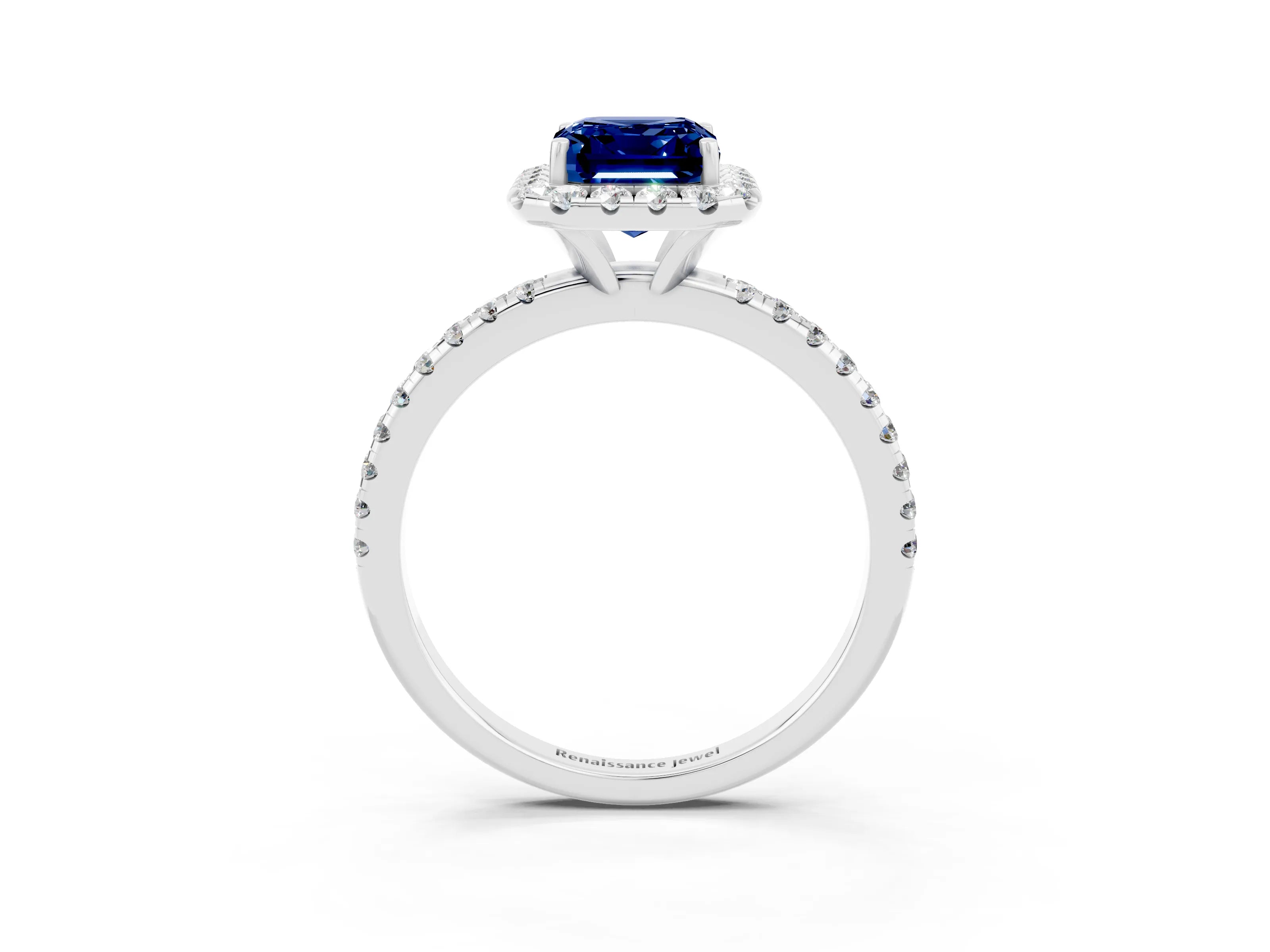 White gold Emerald Cut Cut Diamond Floral Halo Engagement Ring with Pavé Band and Prong Setting_3