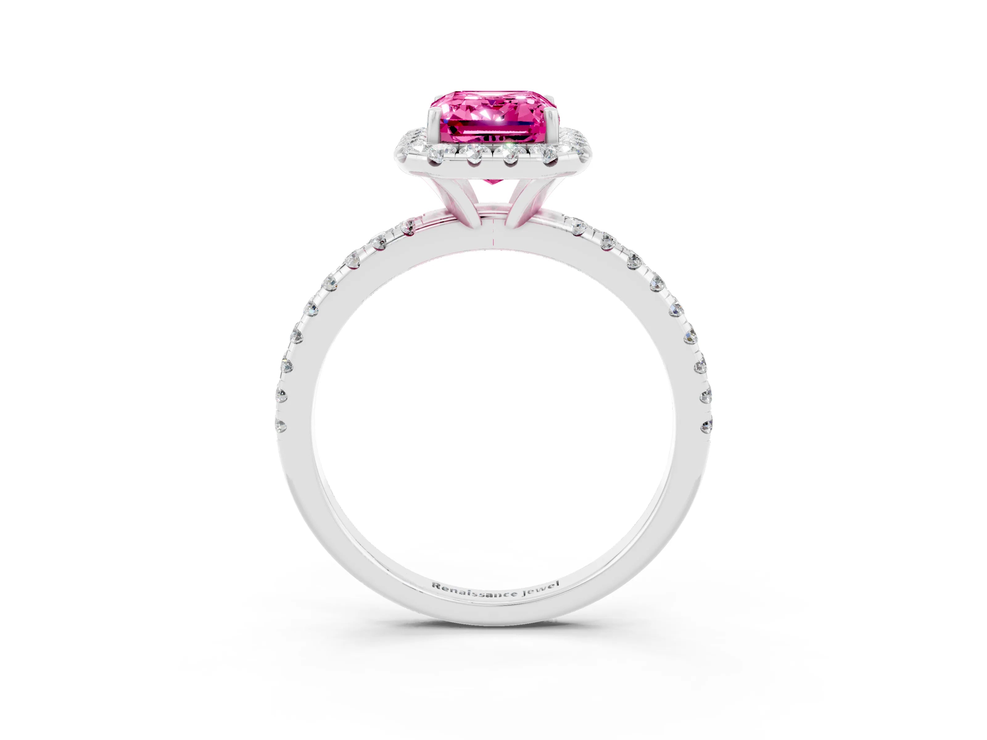 White gold Emerald Cut Cut Diamond Floral Halo Engagement Ring with Pavé Band and Prong Setting_3