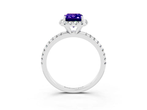 White gold Emerald Cut Cut Diamond Floral Halo Engagement Ring with Pavé Band and Prong Setting_3