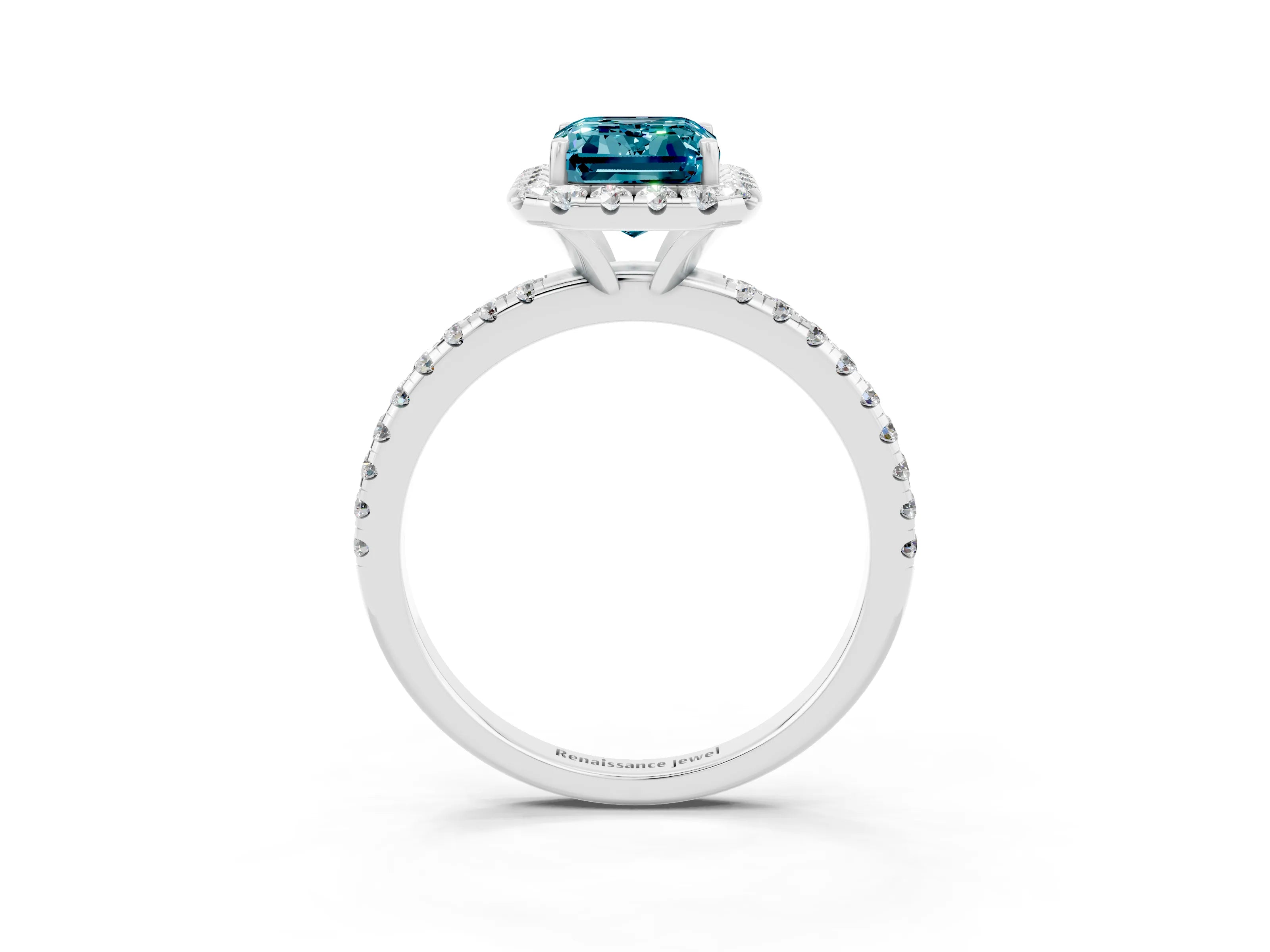 White gold Emerald Cut Cut Diamond Floral Halo Engagement Ring with Pavé Band and Prong Setting_3