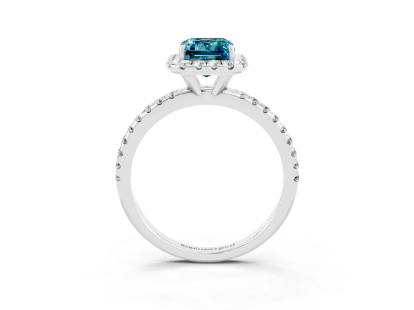 Platinum Emerald Cut Cut Diamond Floral Halo Engagement Ring with Pavé Band and Prong Setting