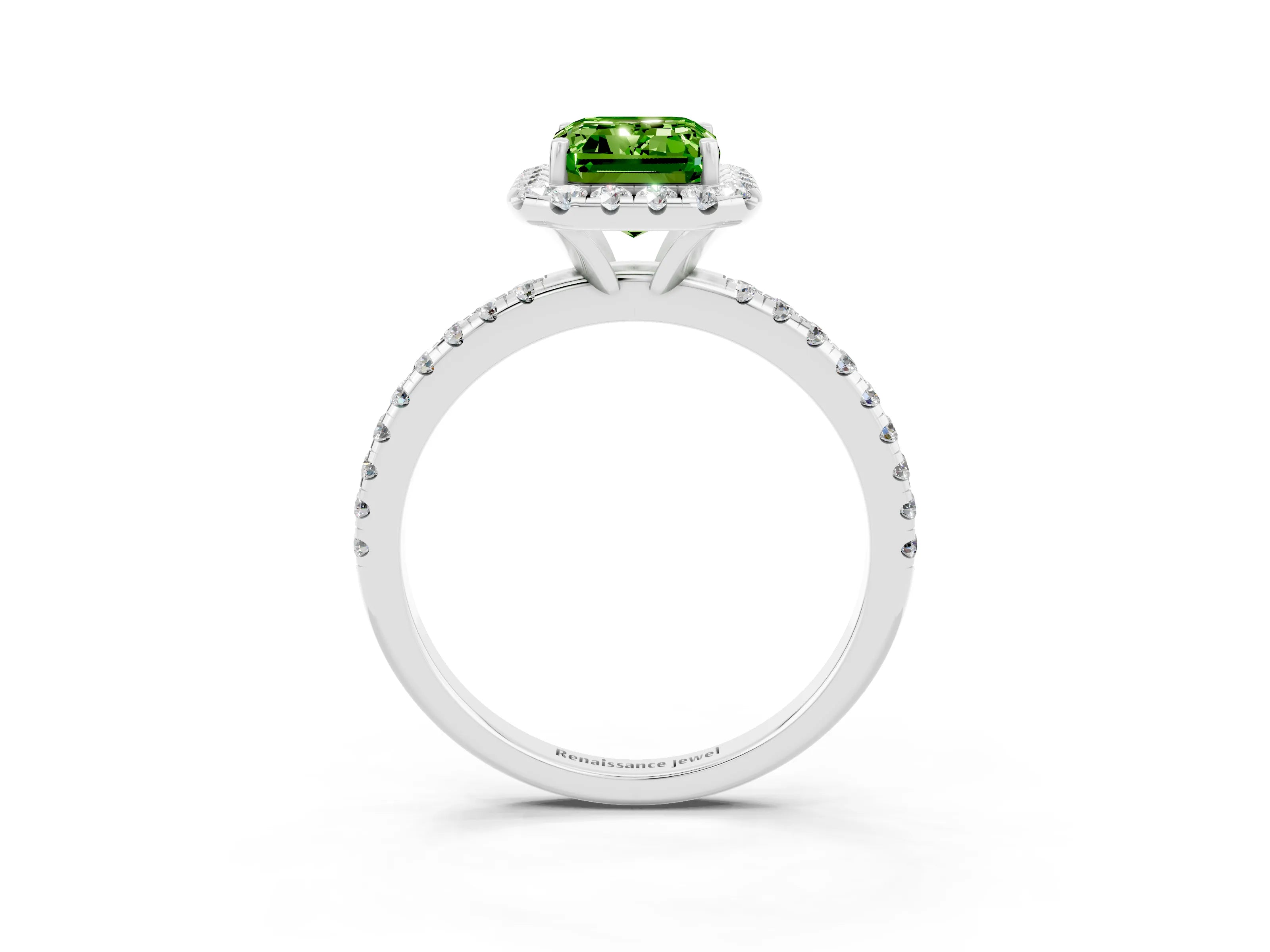 White gold Emerald Cut Cut Diamond Floral Halo Engagement Ring with Pavé Band and Prong Setting_3