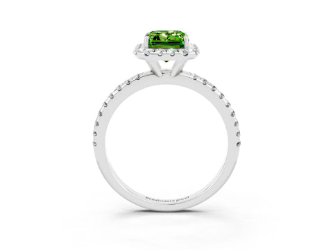White gold Emerald Cut Cut Diamond Floral Halo Engagement Ring with Pavé Band and Prong Setting_3