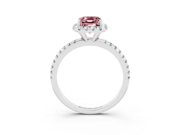 White gold Emerald Cut Cut Diamond Floral Halo Engagement Ring with Pavé Band and Prong Setting