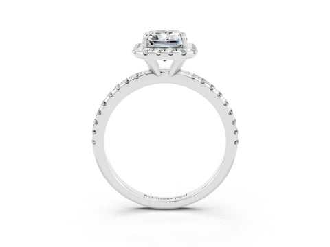 White gold Emerald Cut Cut Diamond Floral Halo Engagement Ring with Pavé Band and Prong Setting_3