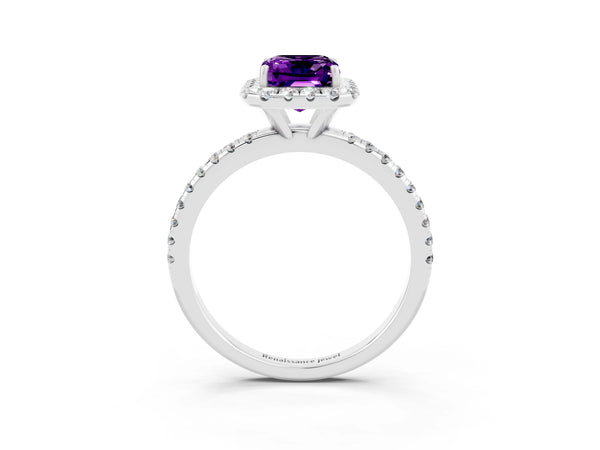 Silver Emerald Cut Amethyst Halo Engagement Ring with Round Pavé Band and Prong Setting