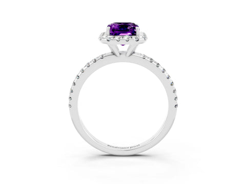White gold Emerald Cut Cut Diamond Floral Halo Engagement Ring with Pavé Band and Prong Setting_3