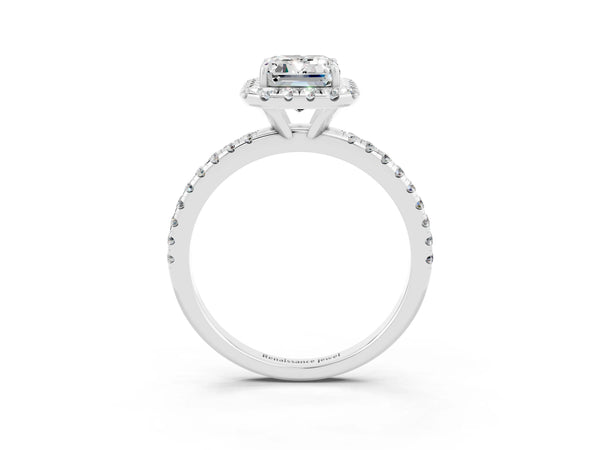 White gold Emerald Cut Moissanite Halo Engagement Ring with Round Pavé Band and Prong Setting