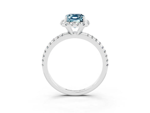 White gold Emerald Cut Cut Diamond Floral Halo Engagement Ring with Pavé Band and Prong Setting_3