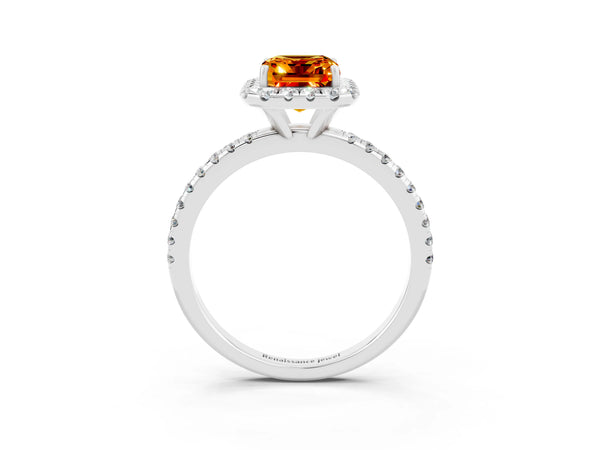 Silver Emerald Cut Citrine Halo Engagement Ring with Round Pavé Band and Prong Setting
