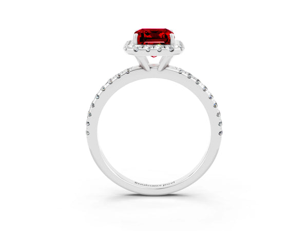 White gold Emerald Cut Cut Diamond Floral Halo Engagement Ring with Pavé Band and Prong Setting