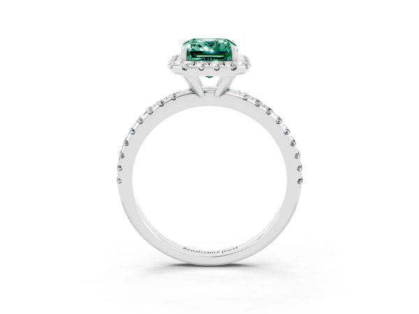 Silver Emerald Cut Green Sapphire Halo Engagement Ring with Round Pavé Band and Prong Setting