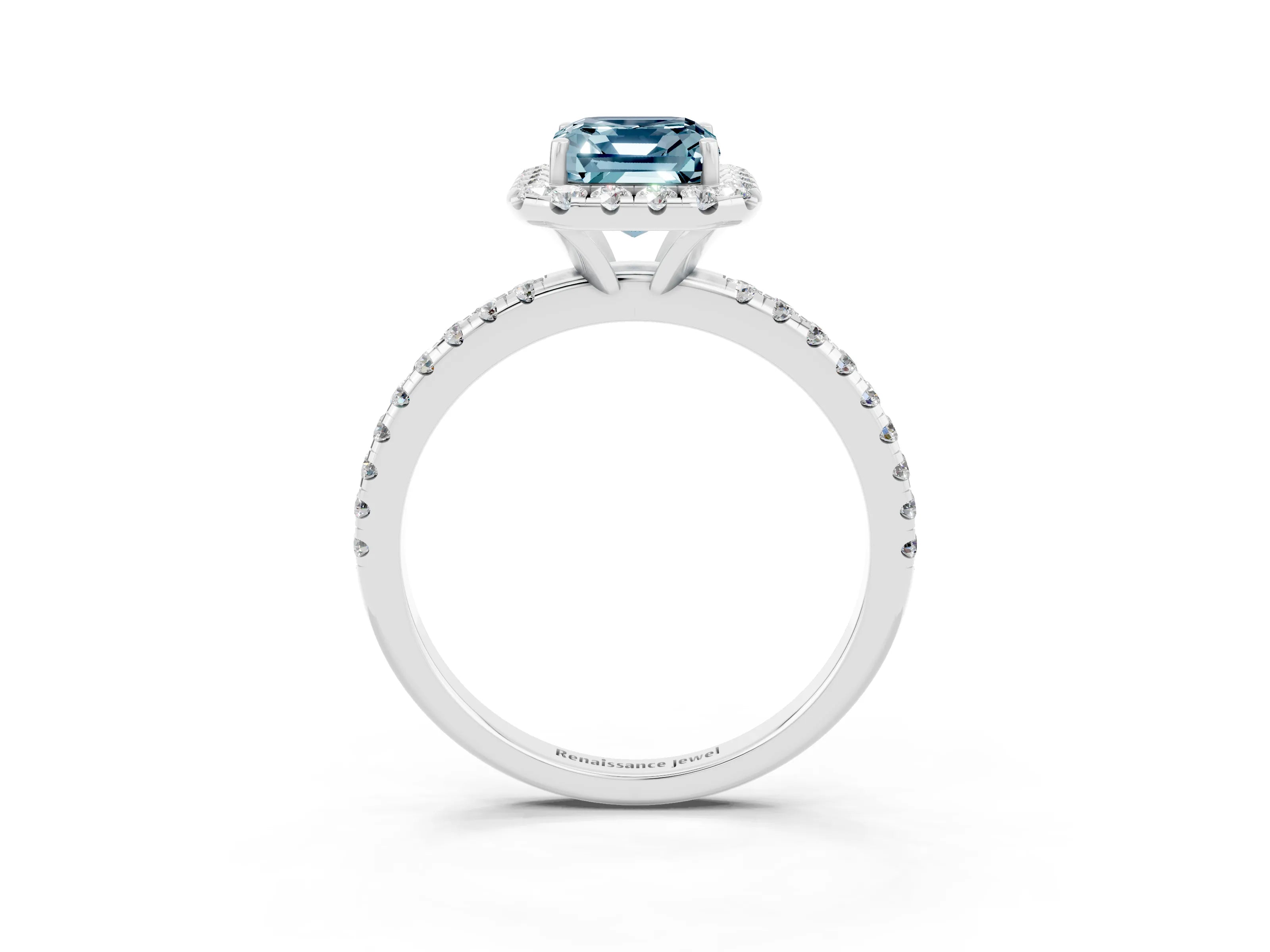 White gold Emerald Cut Cut Diamond Floral Halo Engagement Ring with Pavé Band and Prong Setting_3