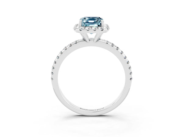 Platinum Emerald Cut Aquamarine Halo Engagement Ring with Round Pavé Band and Prong Setting