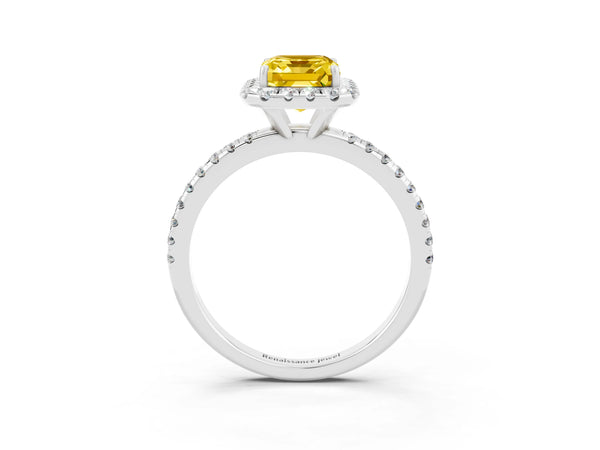 Silver Emerald Cut Yellow Sapphire Halo Engagement Ring with Round Pavé Band and Prong Setting