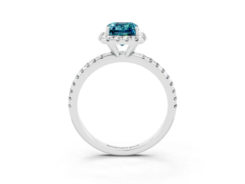 White gold Emerald Cut Cut Diamond Floral Halo Engagement Ring with Pavé Band and Prong Setting_3