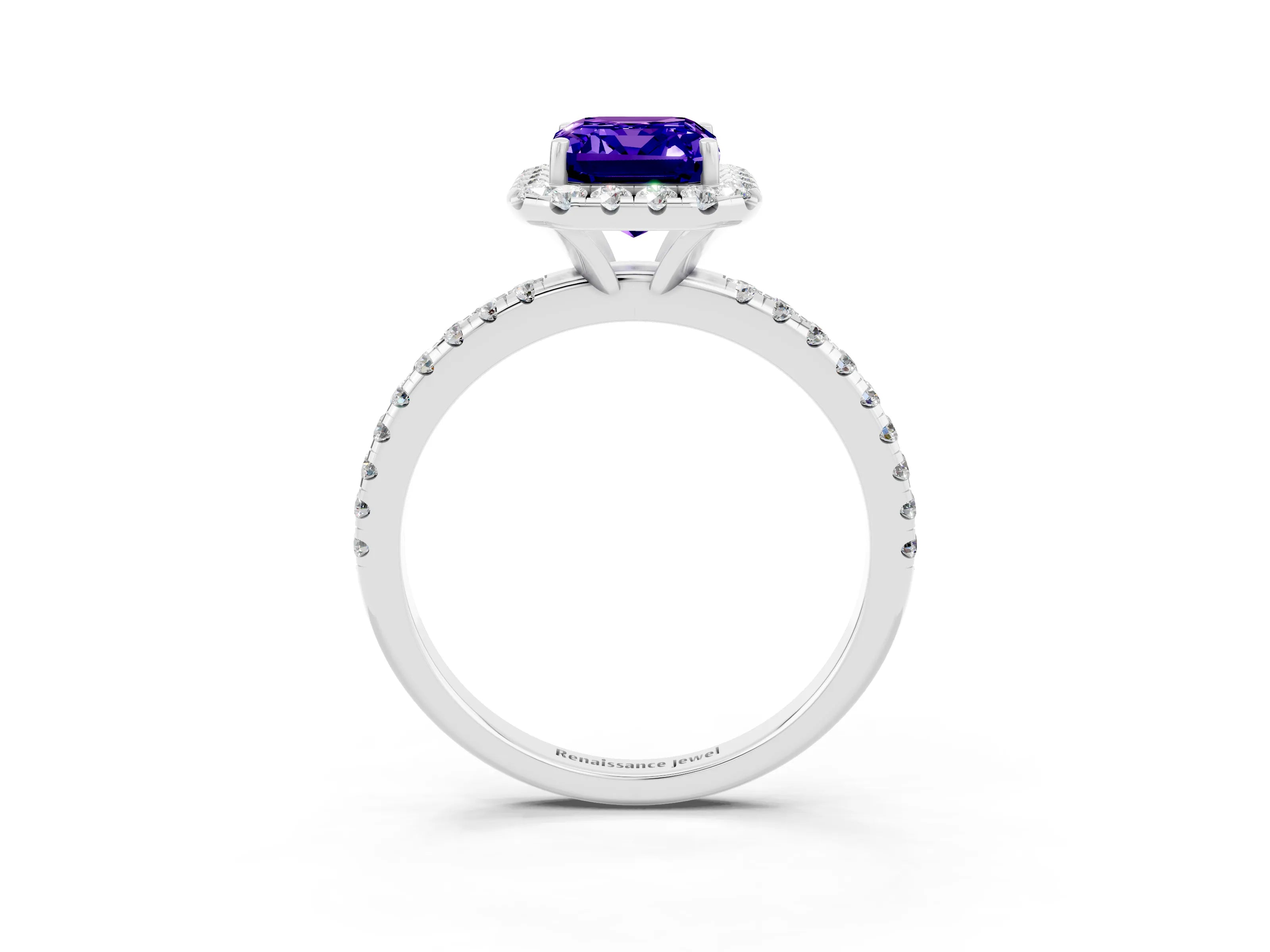 White gold Emerald Cut Cut Diamond Floral Halo Engagement Ring with Pavé Band and Prong Setting_3