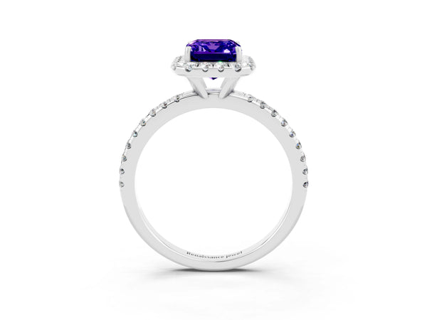 Silver Emerald Cut Tanzanite Halo Engagement Ring with Round Pavé Band and Prong Setting