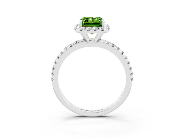 Platinum Emerald Cut Cut Diamond Floral Halo Engagement Ring with Pavé Band and Prong Setting