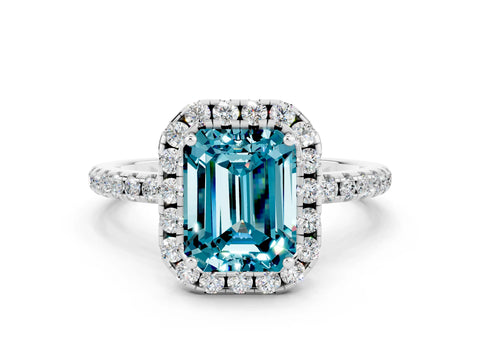 White gold Emerald Cut Cut Diamond Floral Halo Engagement Ring with Pavé Band and Prong Setting
