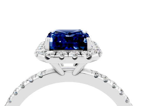 White gold Emerald Cut Cut Diamond Floral Halo Engagement Ring with Pavé Band and Prong Setting_4