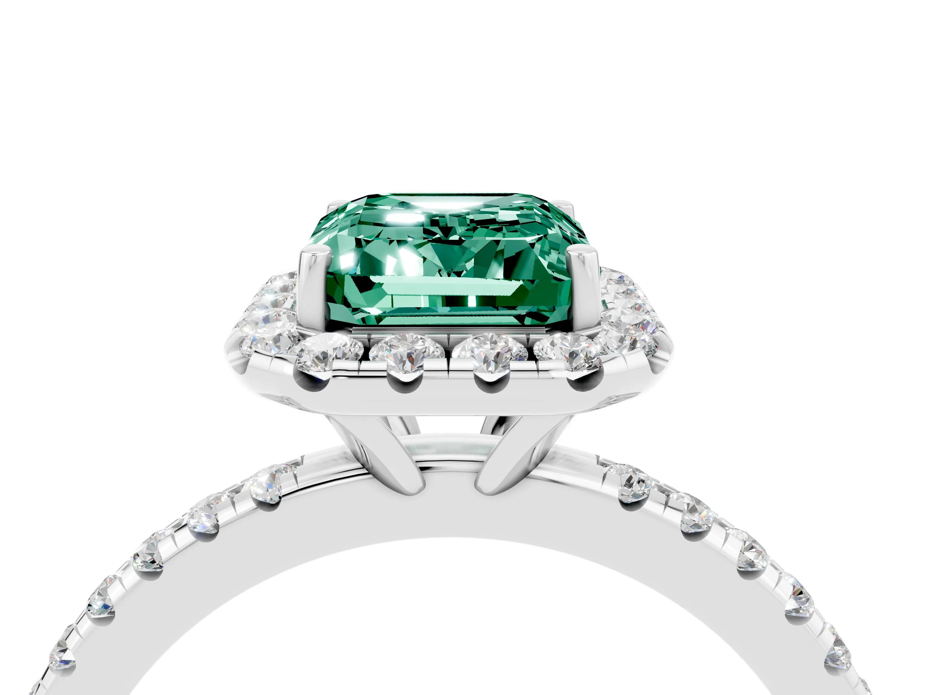 White gold Emerald Cut Cut Diamond Floral Halo Engagement Ring with Pavé Band and Prong Setting_4