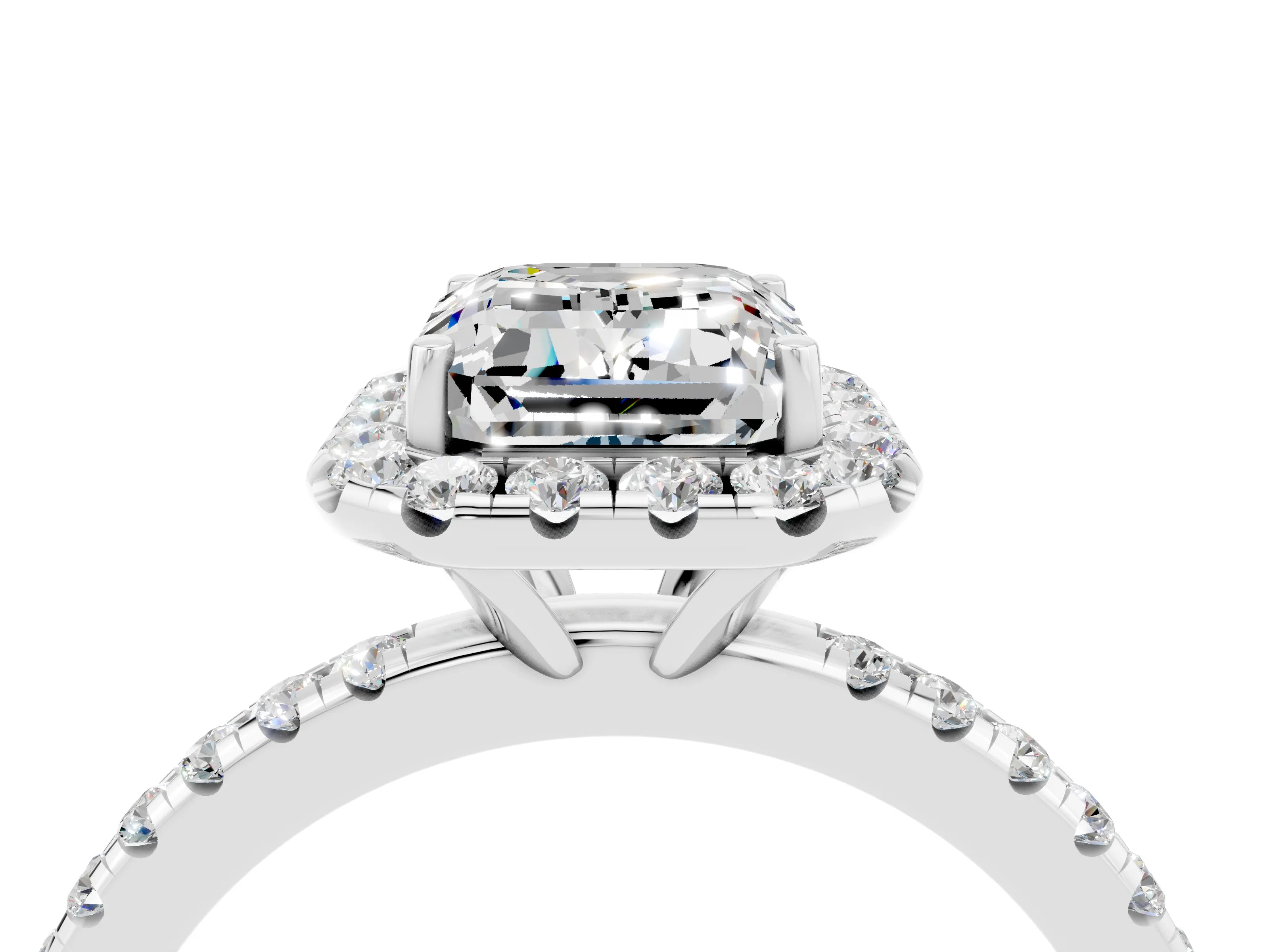 White gold Emerald Cut Cut Diamond Floral Halo Engagement Ring with Pavé Band and Prong Setting_4