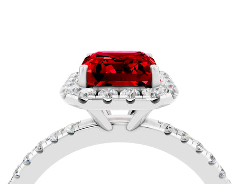 White gold Emerald Cut Cut Diamond Floral Halo Engagement Ring with Pavé Band and Prong Setting_4
