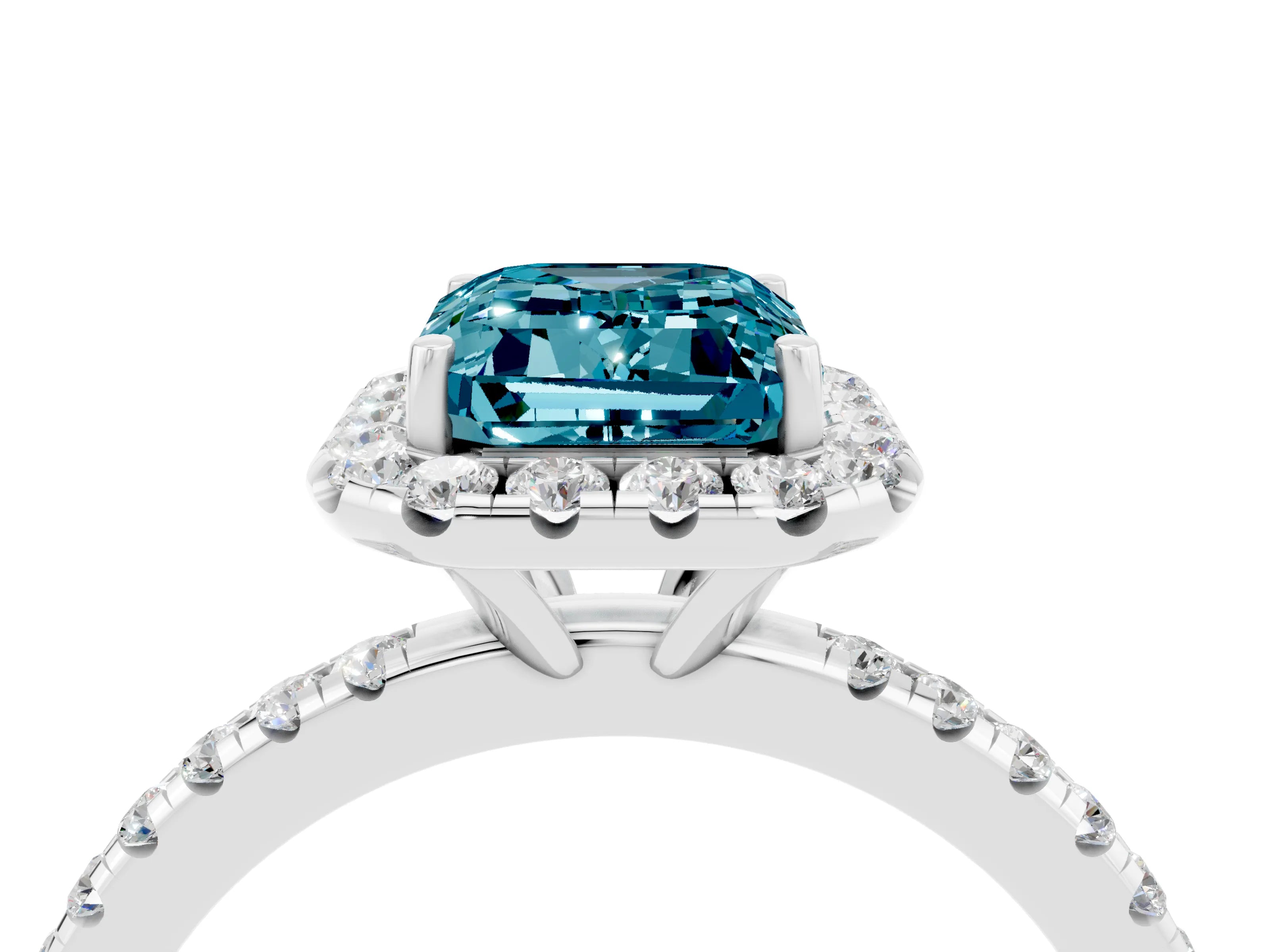White gold Emerald Cut Cut Diamond Floral Halo Engagement Ring with Pavé Band and Prong Setting_4
