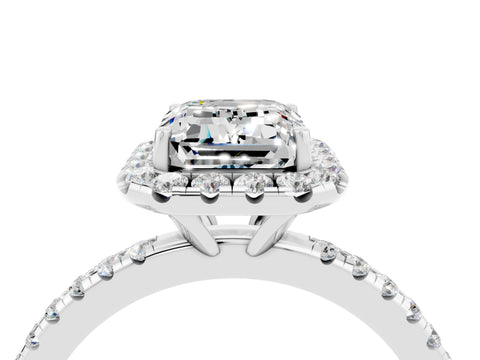 White gold Emerald Cut Cut Diamond Floral Halo Engagement Ring with Pavé Band and Prong Setting_4