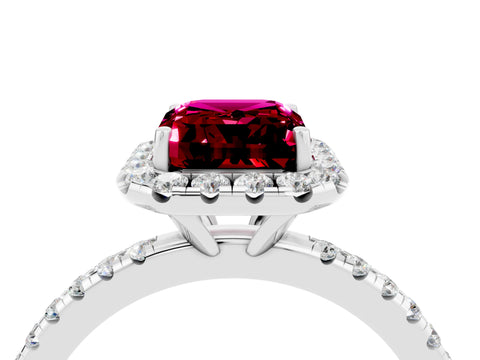 White gold Emerald Cut Cut Diamond Floral Halo Engagement Ring with Pavé Band and Prong Setting_4