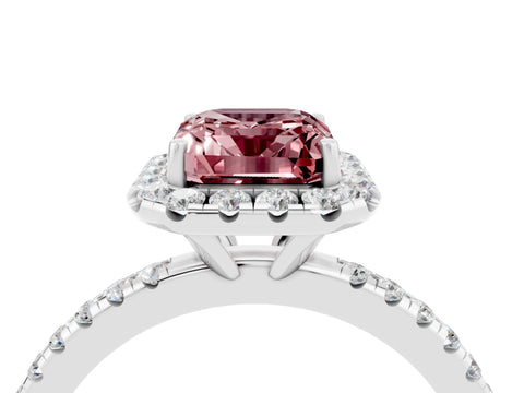 White gold Emerald Cut Cut Diamond Floral Halo Engagement Ring with Pavé Band and Prong Setting_4