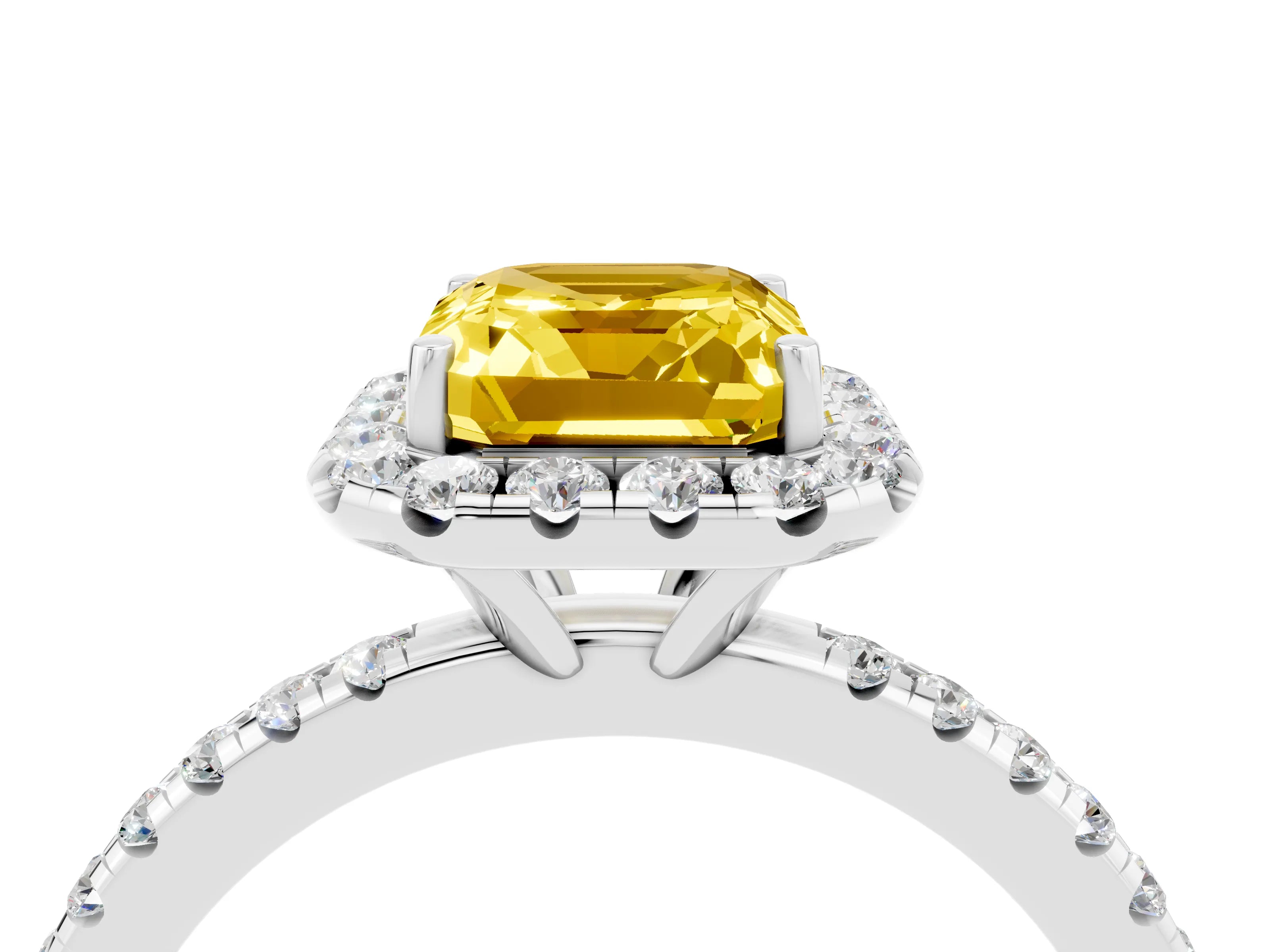 White gold Emerald Cut Cut Diamond Floral Halo Engagement Ring with Pavé Band and Prong Setting_4