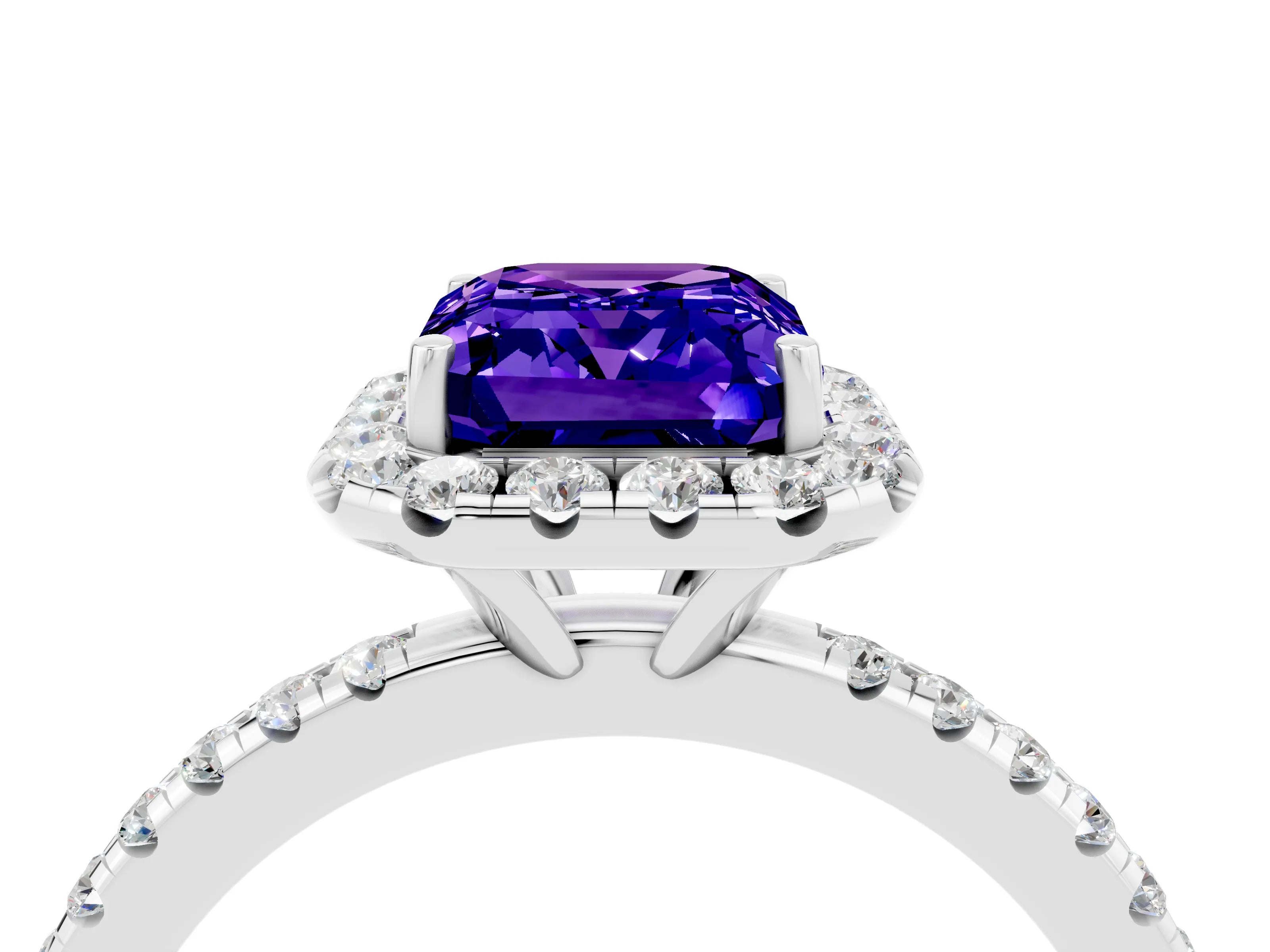 White gold Emerald Cut Cut Diamond Floral Halo Engagement Ring with Pavé Band and Prong Setting_4