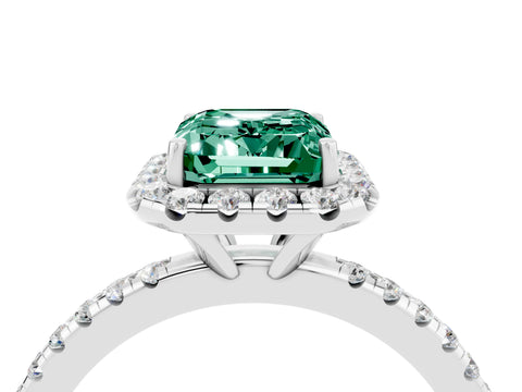 White gold Emerald Cut Cut Diamond Floral Halo Engagement Ring with Pavé Band and Prong Setting_4