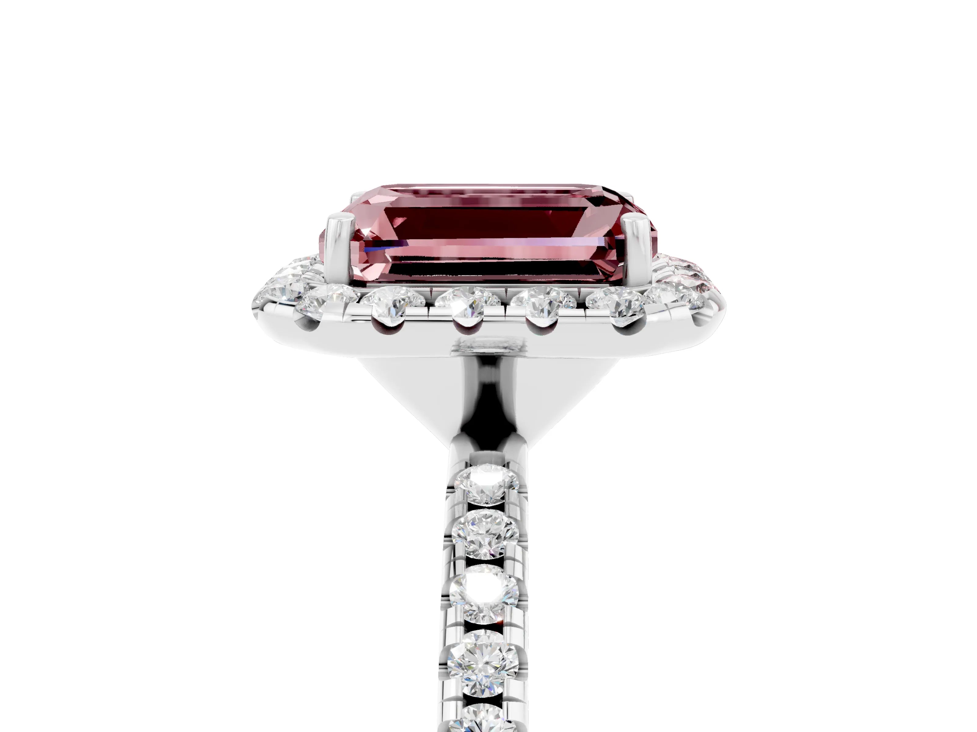 White gold Emerald Cut Cut Diamond Floral Halo Engagement Ring with Pavé Band and Prong Setting_5