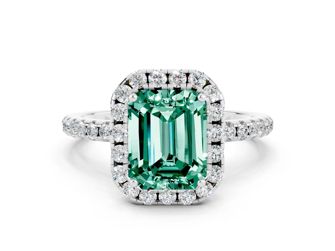 White gold Emerald Cut Cut Diamond Floral Halo Engagement Ring with Pavé Band and Prong Setting