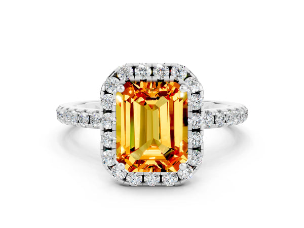 Silver Emerald Cut Citrine Halo Engagement Ring with Round Pavé Band and Prong Setting