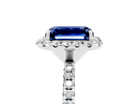 White gold Emerald Cut Cut Diamond Floral Halo Engagement Ring with Pavé Band and Prong Setting_5