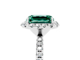 White gold Emerald Cut Cut Diamond Floral Halo Engagement Ring with Pavé Band and Prong Setting_5
