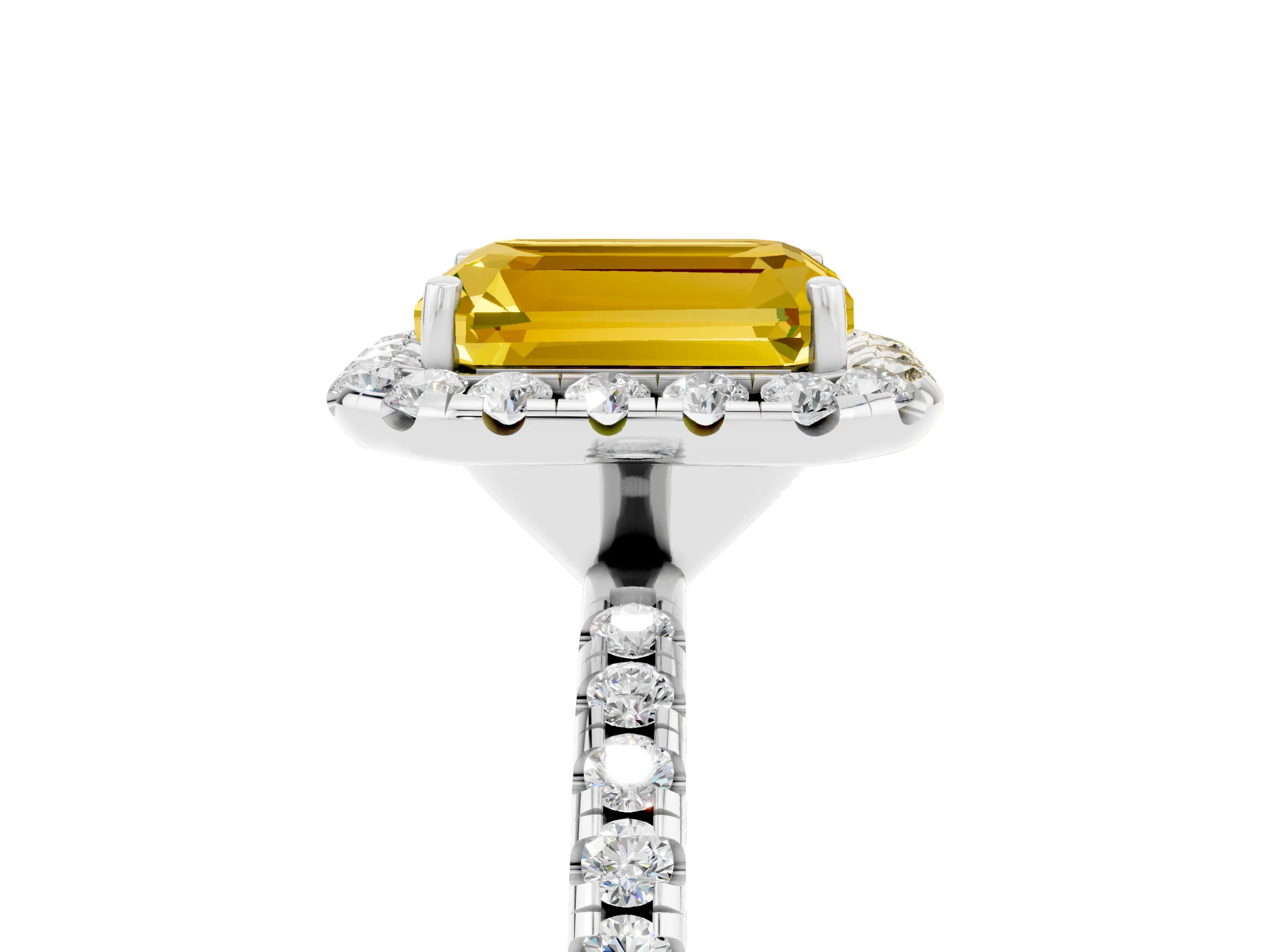 White gold Emerald Cut Cut Diamond Floral Halo Engagement Ring with Pavé Band and Prong Setting_5
