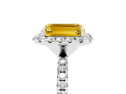 White gold Emerald Cut Cut Diamond Floral Halo Engagement Ring with Pavé Band and Prong Setting_5