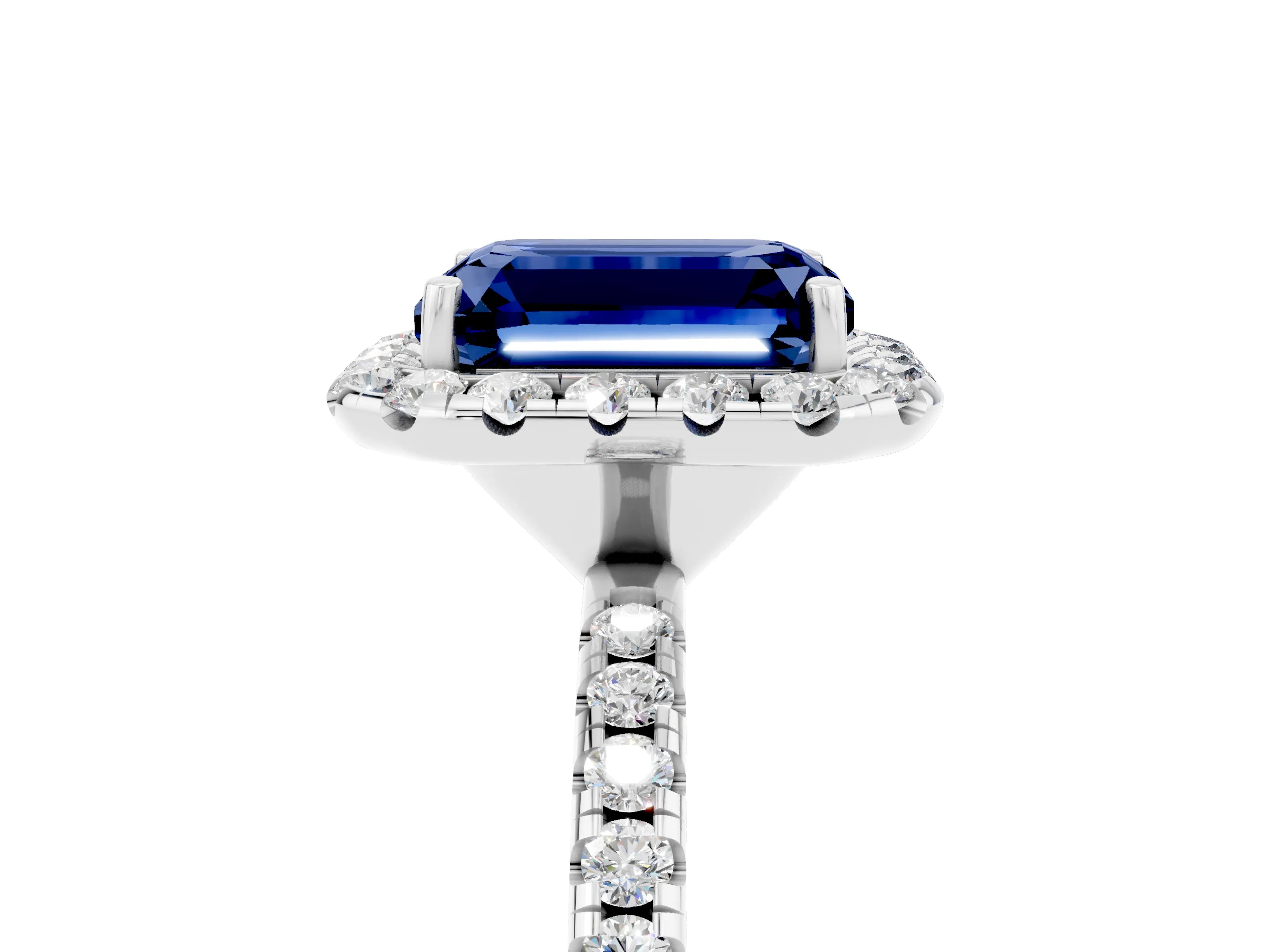 White gold Emerald Cut Cut Diamond Floral Halo Engagement Ring with Pavé Band and Prong Setting_5