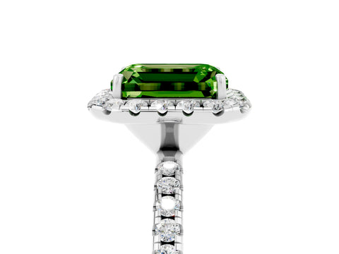 White gold Emerald Cut Cut Diamond Floral Halo Engagement Ring with Pavé Band and Prong Setting_5