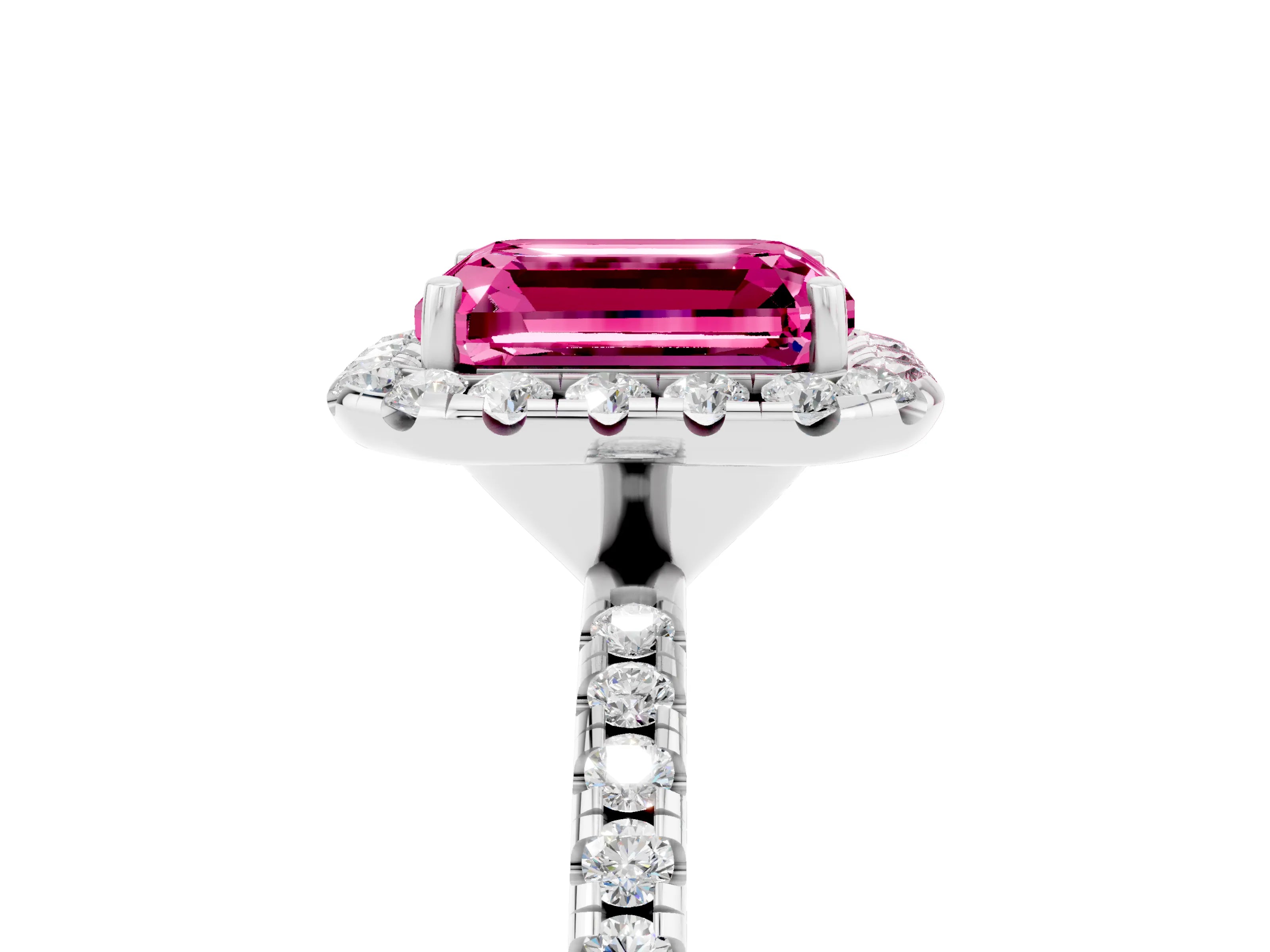White gold Emerald Cut Cut Diamond Floral Halo Engagement Ring with Pavé Band and Prong Setting_5